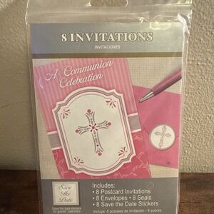 Communion Celebration 8 Invitations/Envelopes With Save The Date Sticker Pink